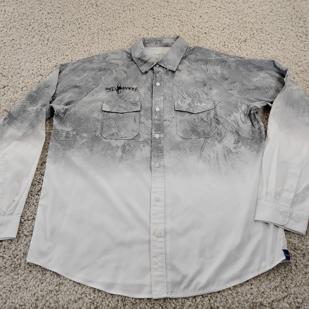 Huk Shirt Mens Large Gray Performance Dirty Hooker Fishing Hiking Beach Swim A1